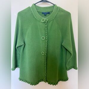 Boden Green Cotton Cardigan Sweater With Ruffled Trim